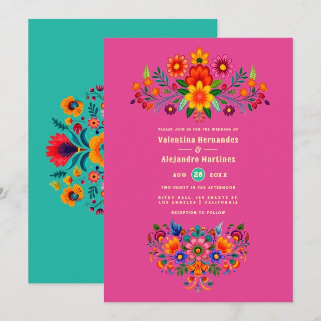 Invitation Mariage Fiesta d'Art Populaire Fuchsia & Turquoise (Devant / Derrière)