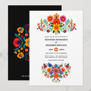 Invitation Mariage Fiesta d'Art Populaire Mexicain Blanc et N