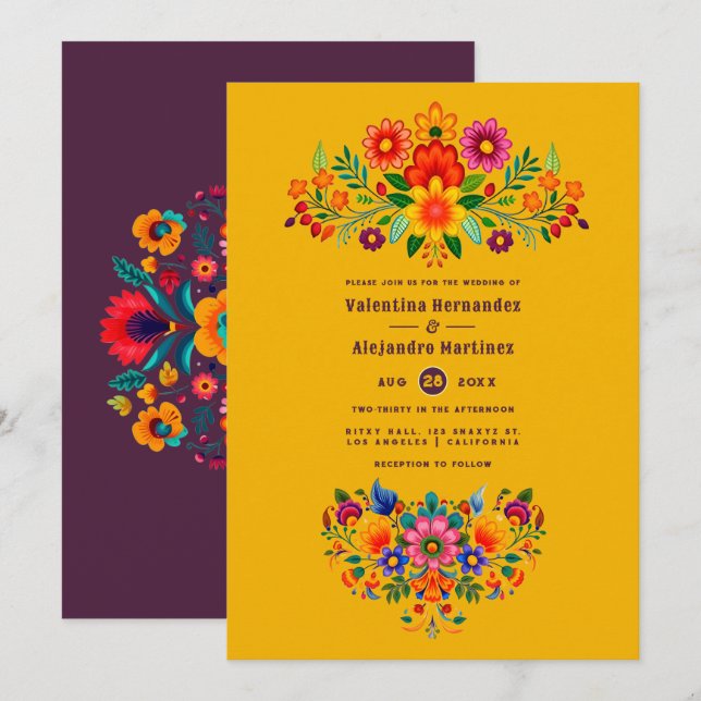 Invitation Mariage Fiesta d'Art Populaire Mexicain Marigold & (Devant / Derrière)