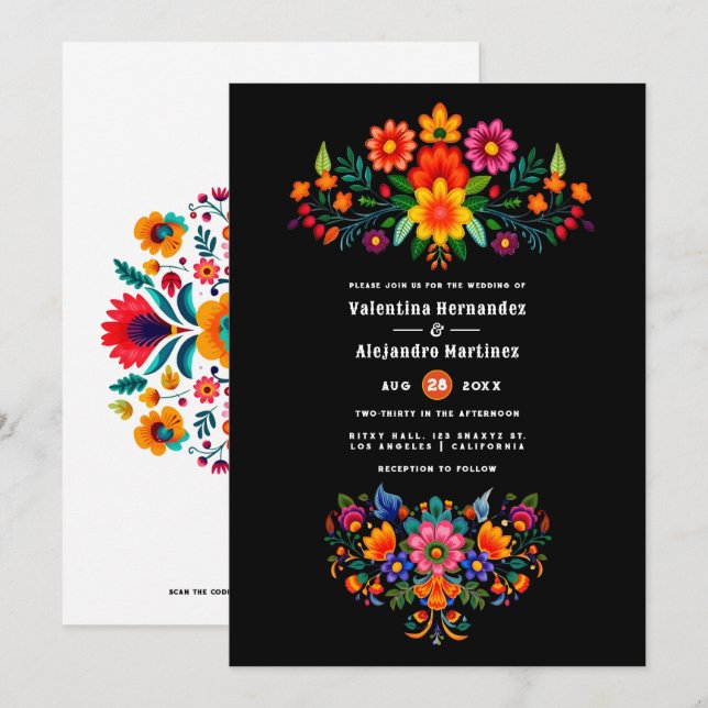 Invitation Mariage Fiesta d'Art Populaire Mexicain Noir et Bl (Devant / Derrière)