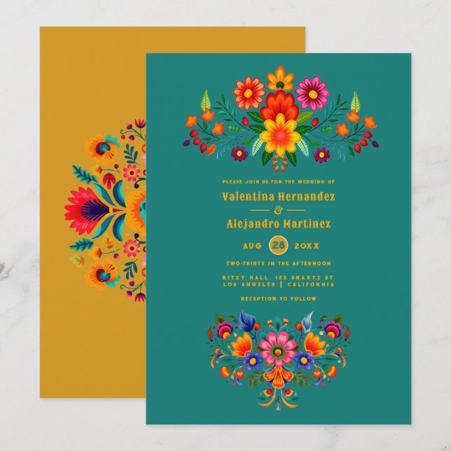 Invitation Mariage Fiesta d'Art Populaire Mexicain Teal & Mou (Devant / Derrière)