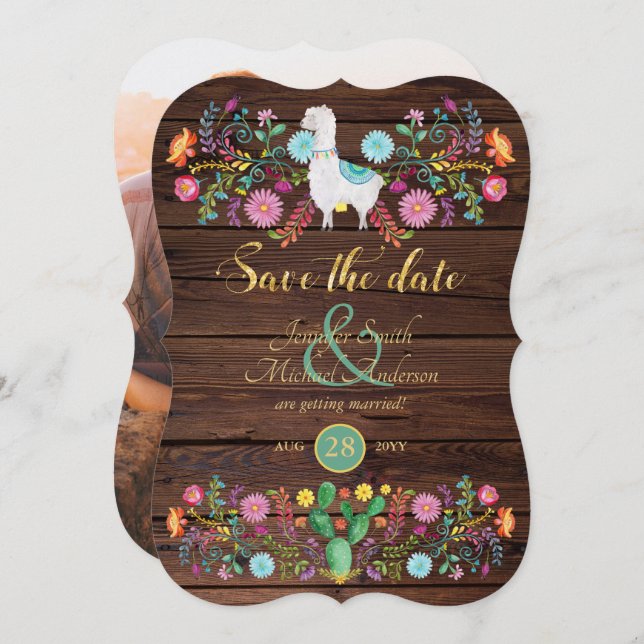 Invitation Mariage Fiesta Enregistrer La Date Llama Fleurs Fo (Devant / Derrière)