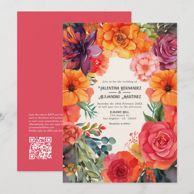Invitation Mariage Fiesta Floral Lumineux avec Code QR de Dét (Devant / Derrière)