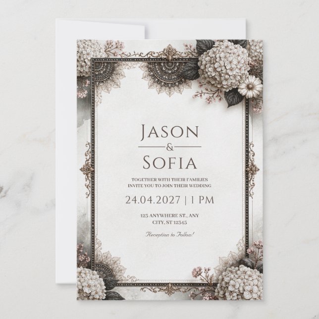 Invitation Mariage Filigrane Hydrangea Sépia (Devant)