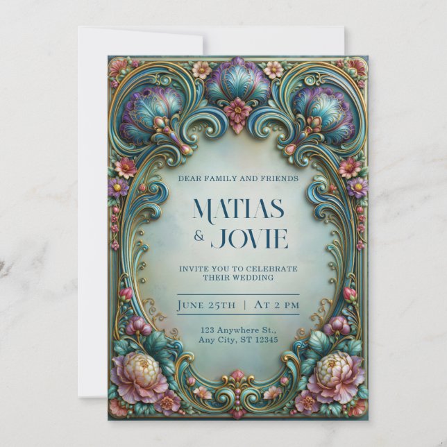 Invitation Mariage Filigrane Prune et Sarcelle (Devant)