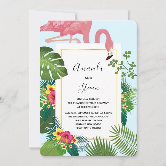 Invitation Mariage Flamant Rose Élégant et Feuilles Tropicale (Devant)