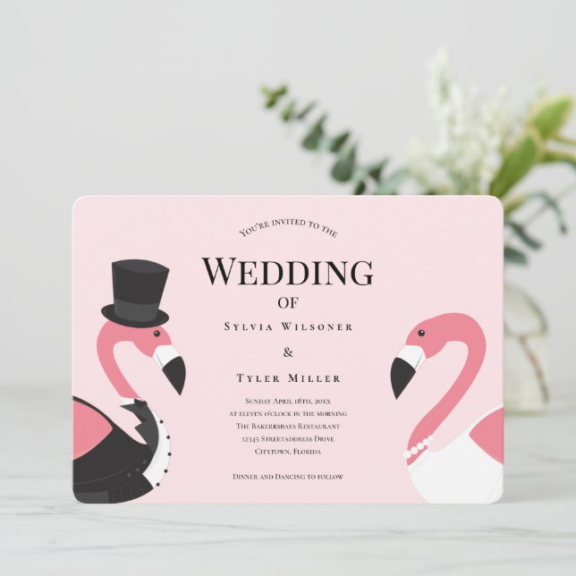 Invitation Mariage Flamant rose rose (Debout devant)