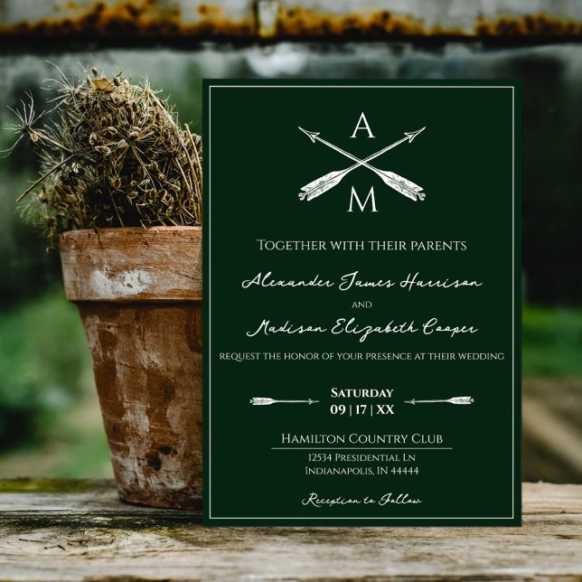 Invitation Mariage Flèches et monogrammes | Emerald Green (Emerald Green Arrows and Monograms Wedding Invitation)
