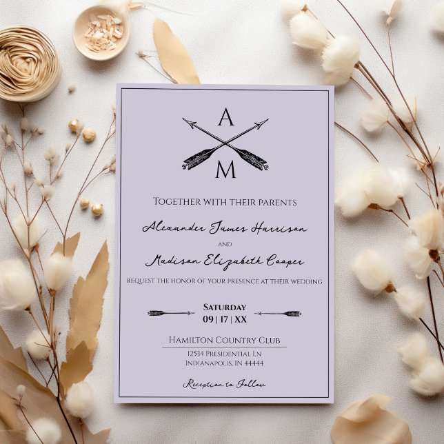 Invitation Mariage Flèches et monogrammes | Lavande (Lavender Arrows and Monograms Wedding Invitation)