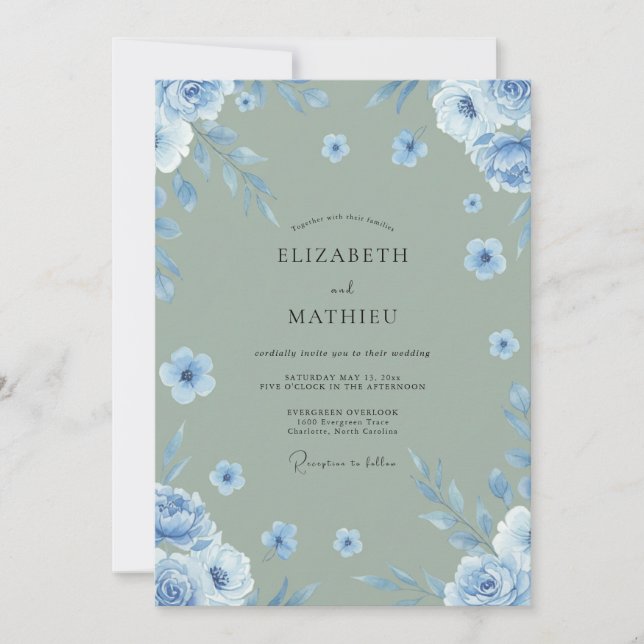 Invitation Mariage Fleur Acier Azur (Devant)
