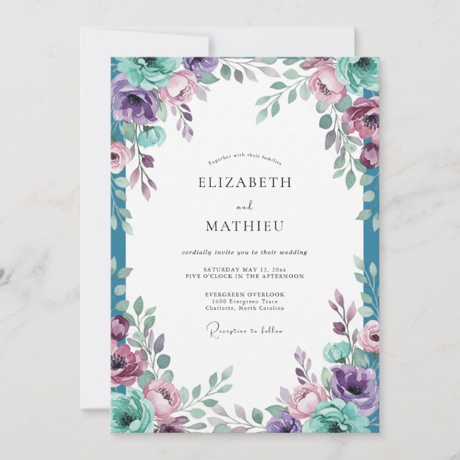 Invitation Mariage Fleur Améthyste Turquoise (Devant)