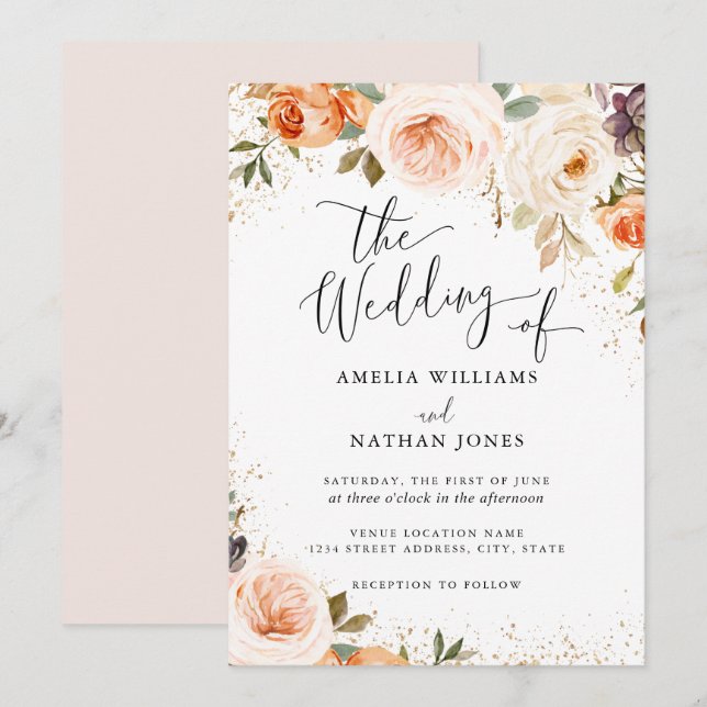 Invitation Mariage Fleur Aquarelle Ambre Rosé (Devant / Derrière)