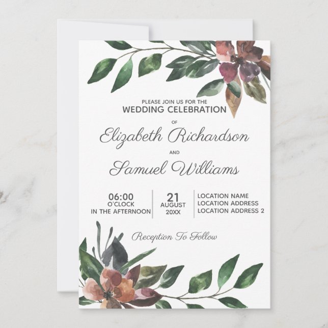 Invitation Mariage Fleur Aquarelle Bourgogne Automne (Devant)
