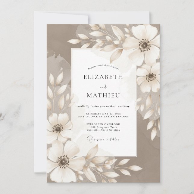 Invitation Mariage Fleur Artistic Taupe (Devant)
