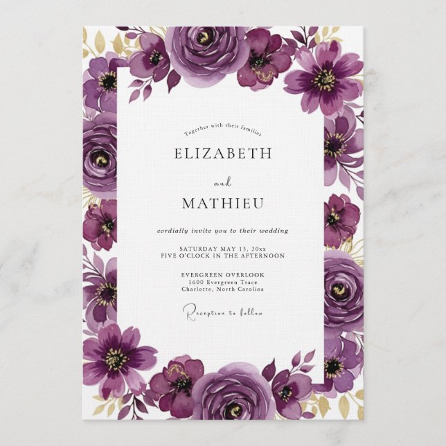 Invitation Mariage Fleur Artistique Prune (Devant)