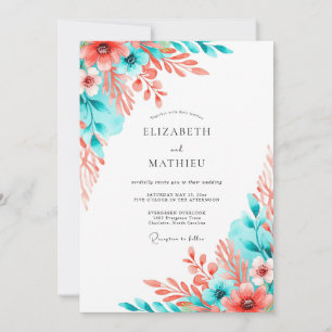 Invitation Mariage Fleur Artistiques Corail Turquoise