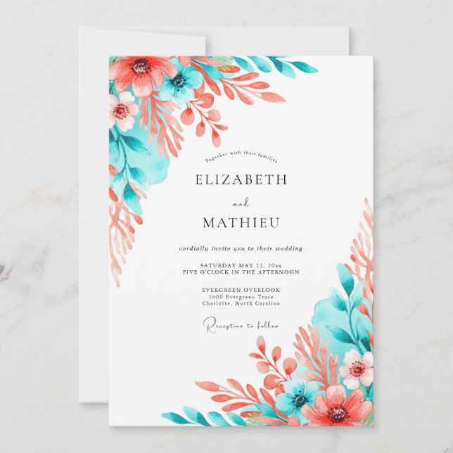 Invitation Mariage Fleur Artistiques Corail Turquoise (Devant)
