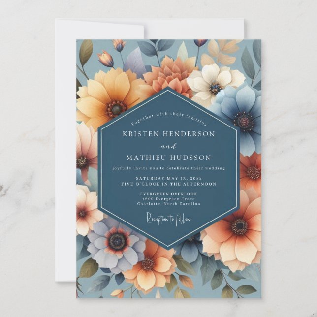 Invitation Mariage Fleur Artistiques Marigold & Bleu (Devant)