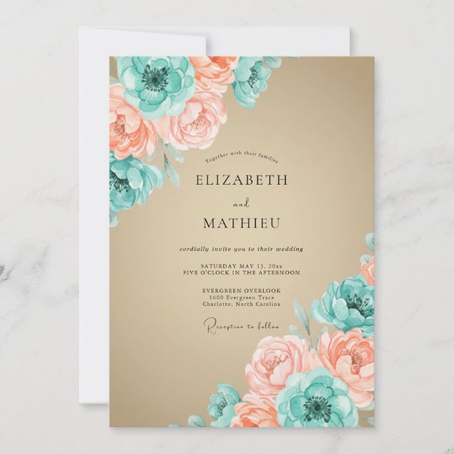 Invitation Mariage Fleur Artistiques Pêche et Sarcelle (Devant)