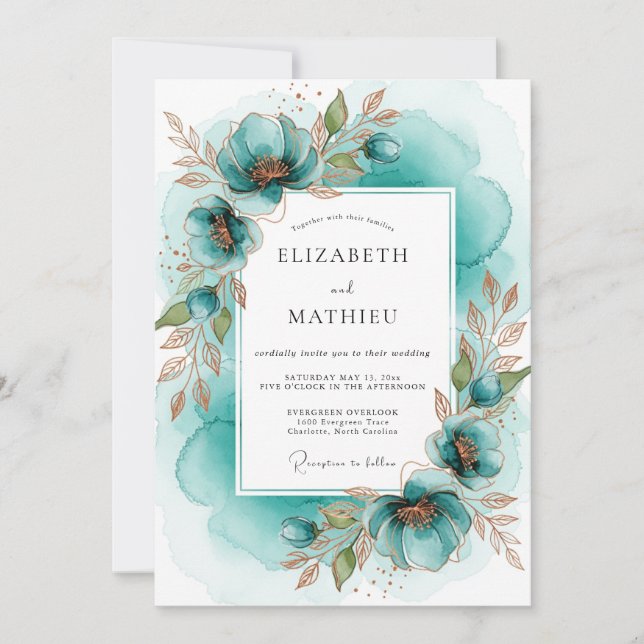 Invitation Mariage Fleur Artistiques Turquoise (Devant)