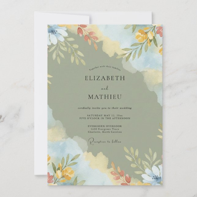 Invitation Mariage Fleur Artistiques Vert Sauge (Devant)