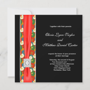 Invitation Mariage Fleur Asiatique Noir Rouge Noir