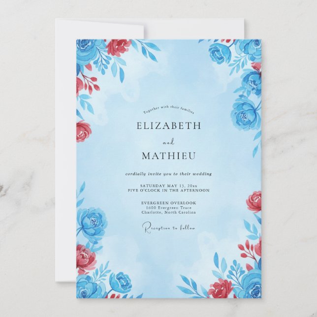 Invitation Mariage Fleur Azure Écarlate (Devant)