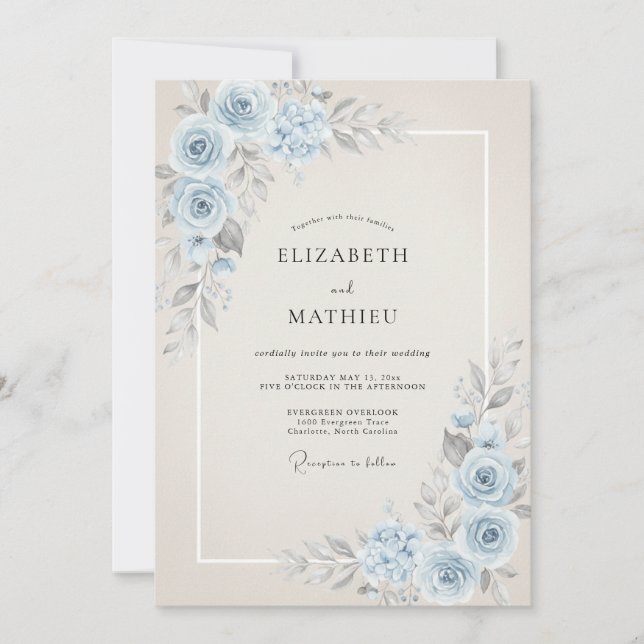 Invitation Mariage Fleur Azure Poudrée (Devant)