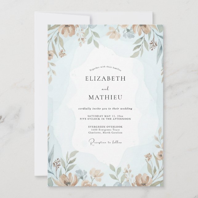 Invitation Mariage Fleur Azure Poussiéreuse (Devant)
