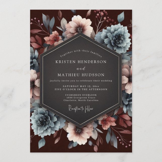 Invitation Mariage Fleur Baroque Ardoise Bourge (Devant)