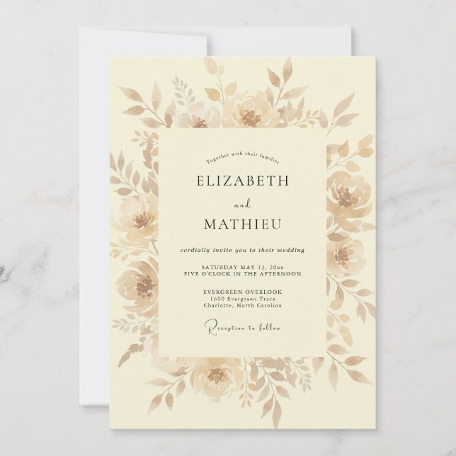 Invitation Mariage Fleur Beige à l'Aspect Pictural (Devant)