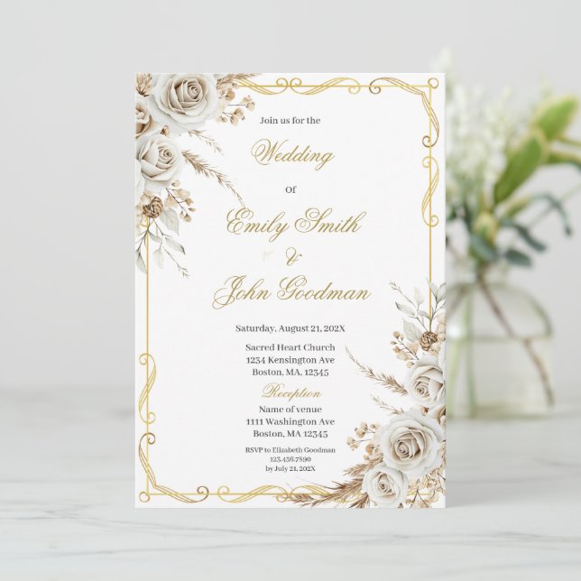 Invitation Mariage fleur blanche bohème élégant (Debout devant)