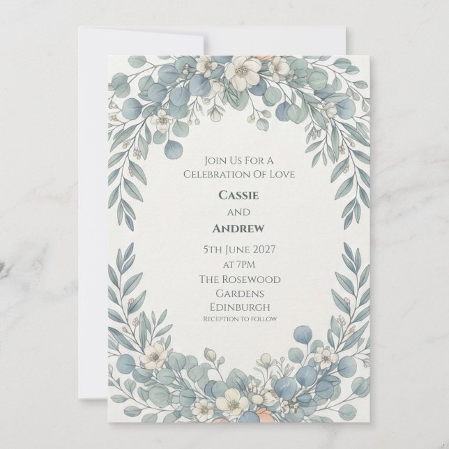 Invitation Mariage Fleur Blanche Eucalyptus Bleu Poussiéreux (Devant)