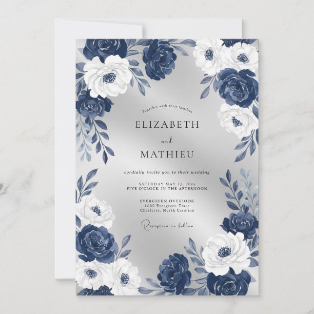 Invitation Mariage Fleur Blanche Perle de Minuit (Devant)