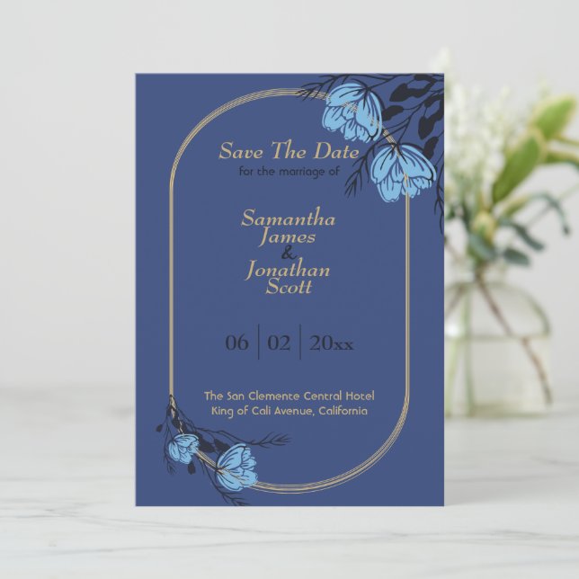Invitation Mariage Fleur Bleu Chic Enregistrer La Date (Debout devant)