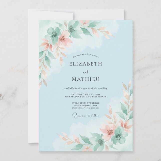 Invitation Mariage Fleur Bleu Ciel Airy (Devant)