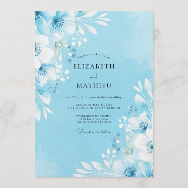 Invitation Mariage Fleur Bleu Ciel de Style Pictural (Devant)