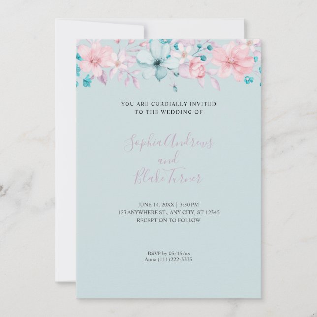 Invitation Mariage Fleur Bleu et Rose Clair de Campagne Joli (Devant)