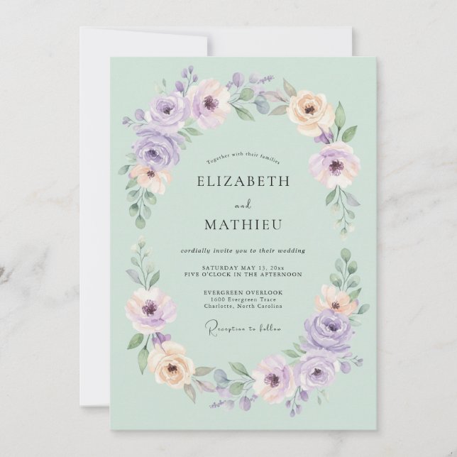 Invitation Mariage Fleur Bleu Menthe Aéré (Devant)