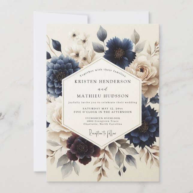 Invitation Mariage Fleur Bleu Nuit au Style Pictural (Devant)