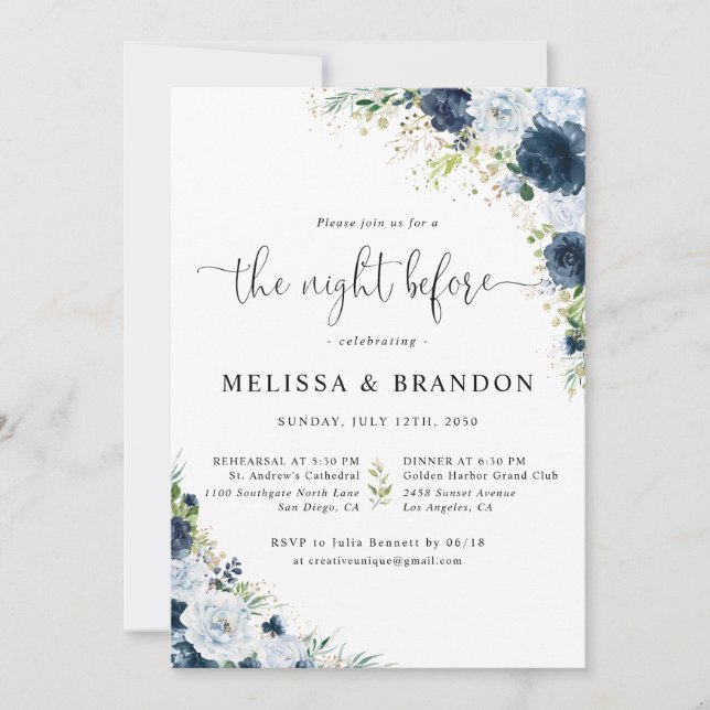 Invitation Mariage Fleur Bleu Nuit La Nuit Avant  (Devant)