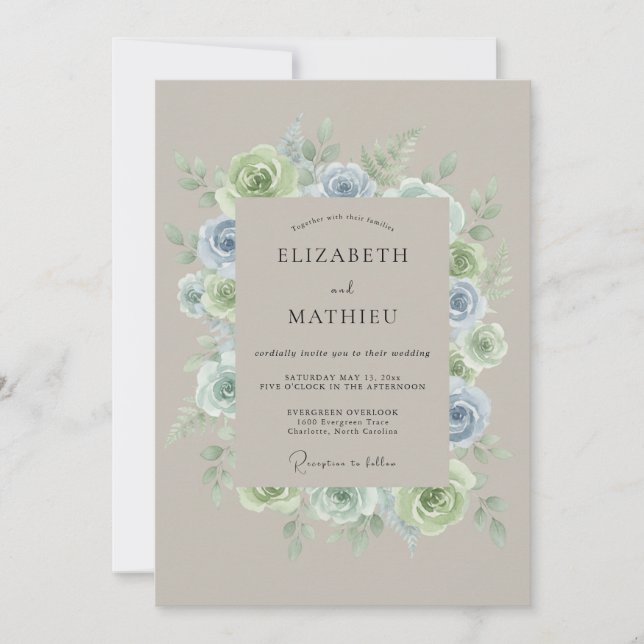 Invitation Mariage Fleur Bleu Poussiéreux Verdoyant (Devant)