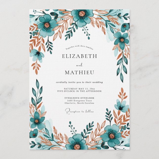 Invitation Mariage Fleur Bleu-vert (Devant)