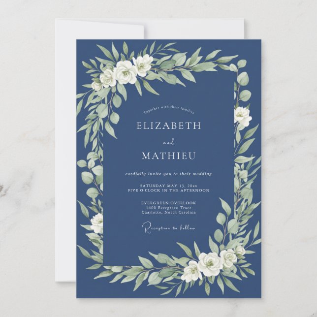 Invitation Mariage Fleur Bleue Marine Verdoyante (Devant)