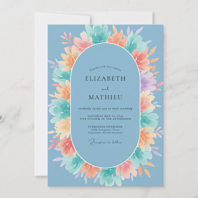 Invitation Mariage Fleur Bleue Peinte (Devant)