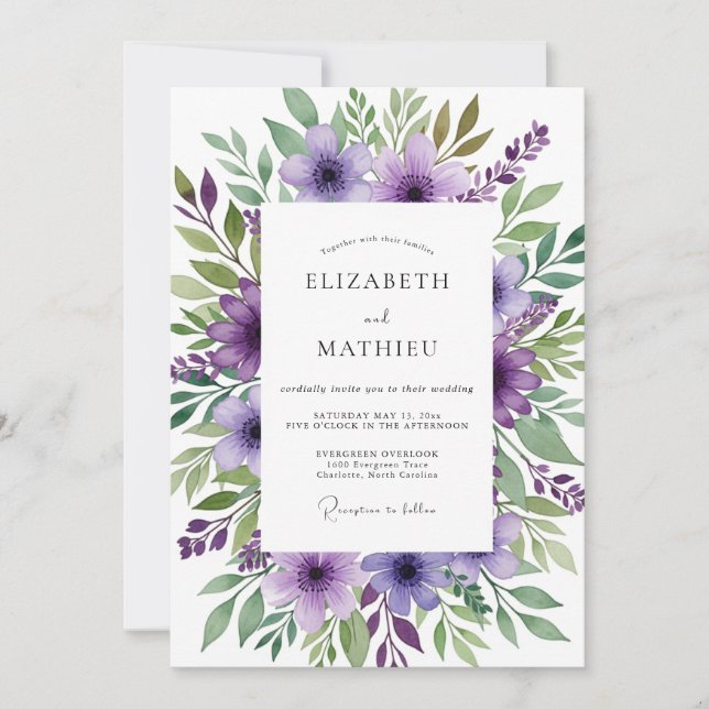 Invitation Mariage Fleur Bleue Pourpre Verdoyante (Devant)