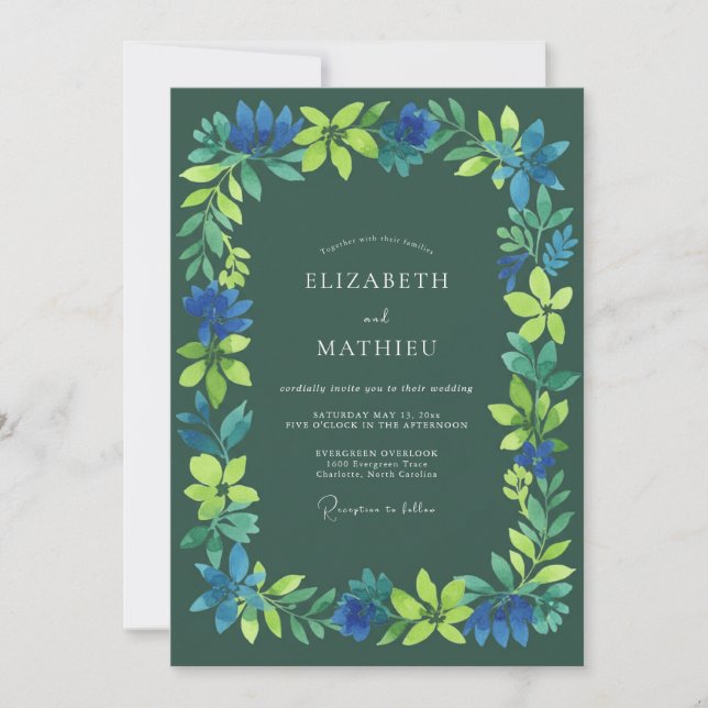 Invitation Mariage Fleur Bleue Profonde Verte (Devant)