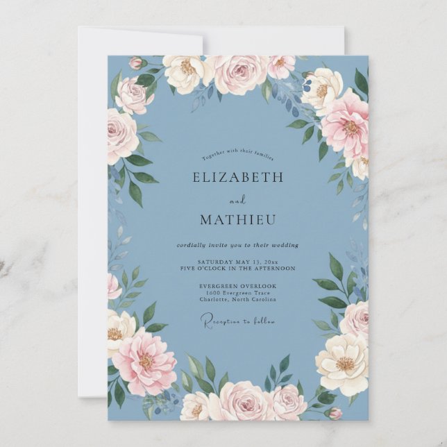 Invitation Mariage Fleur Bleue Rose (Devant)