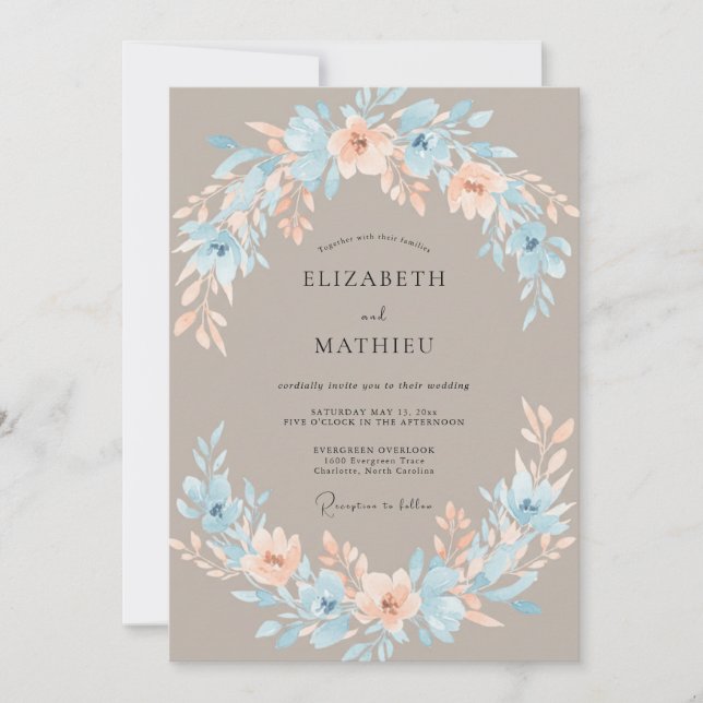 Invitation Mariage Fleur Bleue Sérène Poussiéreuse (Devant)