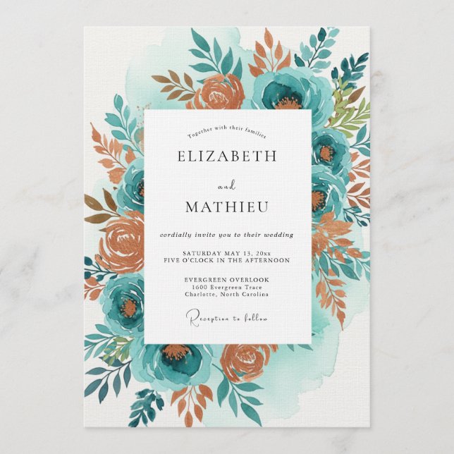 Invitation Mariage Fleur Bloom Orange Sarcelle Peint (Devant)
